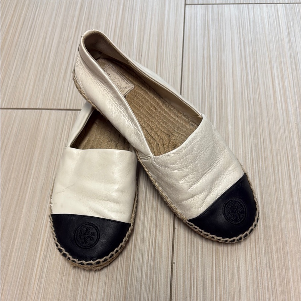Tory Burch White and Black Espadrille Flats